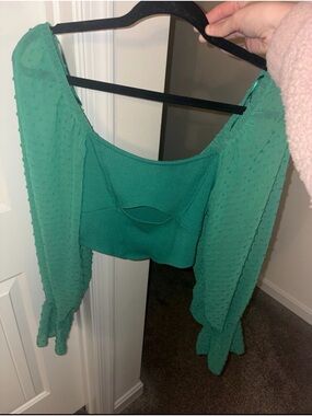 Urban Outfitters Green Textured Crop Top with Sheer Sleeves